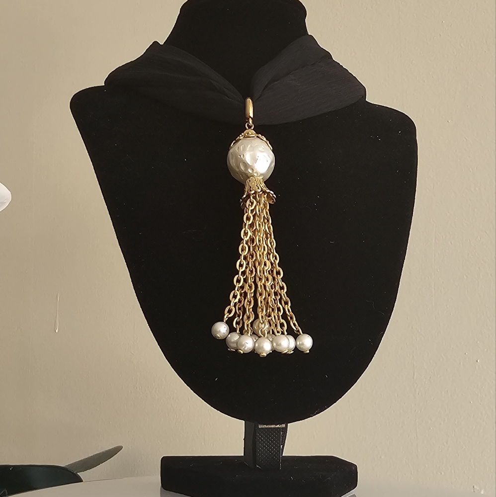 Unique Vintage Big Bold Tassel Necklace with Pearl Drops.